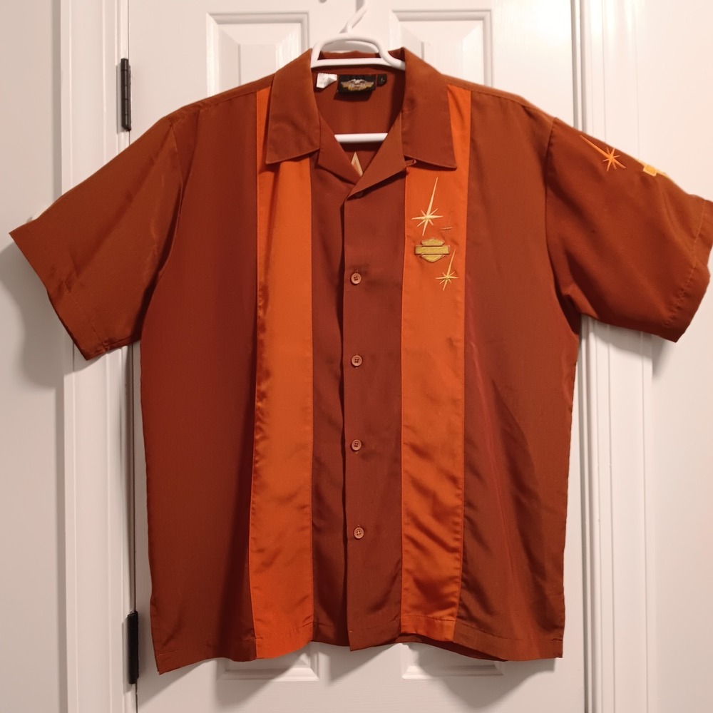 Harley-Davidson Vintage Mens Short Sleeve Shirt Rust Orange Button Up Large